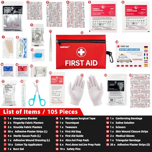 HONYAO First Aid Kit, 105 Pieces Small First Aid Kit, Includes Plasters, Emergency Foil Blanket, Burn Gel for Travel Car Home Workplace Kids Camping Hiking Motorbike Holiday, Red