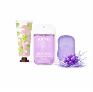 On-the-Go Portable Hygiene & Personal Care Kit, All in one Travel Essentials with Hand Sanitizer, Hand Cream, Paper Soap, Wet Wipes, Disposable mask Perfect as a gift (Grape hand care set 3pcs)