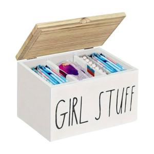 Tampon Holder Bathroom – Wooden Storage Container, Feminine Product Organizer, Divided Hygiene Box, Lid Covered Vanity caddys, Elegant Restroom Decor | Women Napkin Toilet Counter Home Hotel Personal