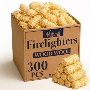 Natural Firelighters Large Box. Natural Wood Wool Wax Fire Lighters for Stoves, Wood Burners, Pizza Ovens, Open Fires, Fire Pit, BBQ Lighters, Fire Starters for Log Burners (300 Pack)