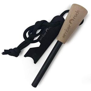 Ember Rock Fire Stone - Premium Ferrocerium Magnesium Fire Starter Stick - Includes Scraper Tool Multi-Use Wooden Handle for Firm Grip - Essential Fire Starter for Survival Camping Kit