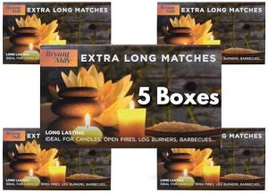 5 Boxes - Bryant & May Extra Long Safety Matches - Ideal for Candles, Open Fires, Log Burners & BBQ
