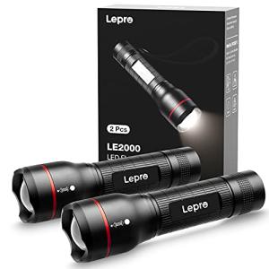Lepro LED Torch 2 Pack - Super Bright, 5 Modes, Zoomable & Water Resistant - Small, 18650/AAA Battery Powered (Not Included) Flashlight for Camping, Power Cuts, Dog Walking & Gift