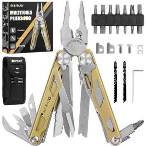 BIBURY Multitools, Multi Tool Foldable Pliers with Upgraded Scissors and Screwdriver Set, Stainless Steel Multitools, Ideal for Camping, Outdoor, Repairing -Gift for Dad Men -Titanium Plating Gold Pro