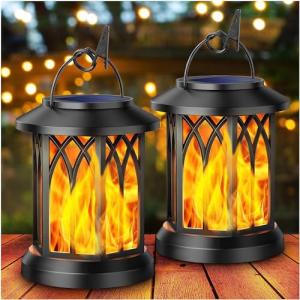 KOOPER Solar Lights Outdoor Garden, 2 Pack Hanging Solar Lanterns with Realistic Flickering Flame LED, Waterproof Flame Effect Garden Ornaments for Pathway Patio Decoration