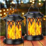 KOOPER Solar Lights Outdoor Garden, 2 Pack Hanging Solar Lanterns with Realistic Flickering Flame LED, Waterproof Flame Effect Garden Ornaments for Pathway Patio Decoration