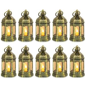Small Lanterns with LED Candles Set of 10, Hewory Mini Gold Gothic Lantern Vintage Decorative Hanging Garden Lantern for Outside Halloween Christmas Wedding Decorations Party Yard, Battery Included
