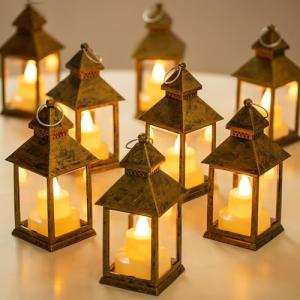 Romadedi Gold Lantern Wedding Decor - 10Pcs Hanging Small Decorative LED Lantern Candle Holders for Christmas Table Decoration Moroccan Ramadan Outdoor Halloween Party