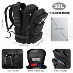 kookoomia 50L Military Tactical Backpack Large Day Backpack for Men Molle Army 3 Days Assault Pack Bug Out Bag Water Resistant and Heavy Duty Hiking Treeking Rucksack - Black