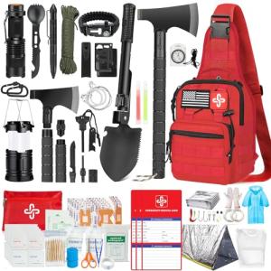 Survival Kit, 262Pcs Survival Gear and Supplies with First Aid Kit Pouch and Crossbody Bag, Emergency Kit with Tent, Camping Axe Hammer, Survival Shovel w/Pick, Bug Out Bag Gifts for Men Women (Red)