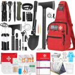 Survival Kit, 262Pcs Survival Gear and Supplies with First Aid Kit Pouch and Crossbody Bag, Emergency Kit with Tent, Camping Axe Hammer, Survival Shovel w/Pick, Bug Out Bag Gifts for Men Women (Red)