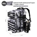 45L Large Tactical Military Backpack for Women and Men, Assault Pack Army 3 Day Molle Bug Out Bag with Adjustable Water Bottle Holder, Gym EDC Daypack Rucksack for Camping Motorcycle, Balck White Camo