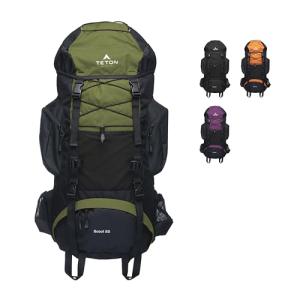 Teton 55L Scout Internal Frame Backpack for Hiking, Camping, Backpacking, Travel, Rain Cover Included, Olive