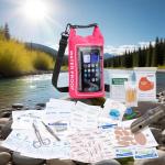 GPUSFAK 154 Pieces Waterproof Boat First Aid Kit Dry Bag with Cell Phone Bug Out Bags Pouch Roll Top Boat Emergency Kit 2-in-1 for Camping Fishing Kayaking Swimming Rafting Pink