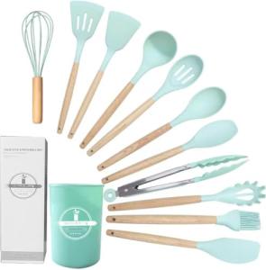 11 Pcs Silicone Cooking Kitchen Utensils Set,Non Stick Silicone Cooking Utensil Set ，Wooden Handle Heat Resistance，Cooking Stirring Tools (Green)