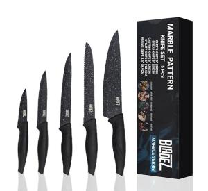 Bladez Professional Kitchen Knife Set, 5 Pcs Stainless Steel Kitchen Knives Set with Ultra Sharp Blade and Soft Handle, Includes Chef, Bread, Carving, Utility and Paring Knife, All in a Gift Box