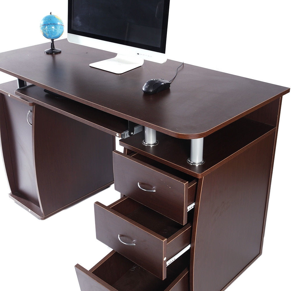 Brown Computer Desk with Bookcase and Drawers