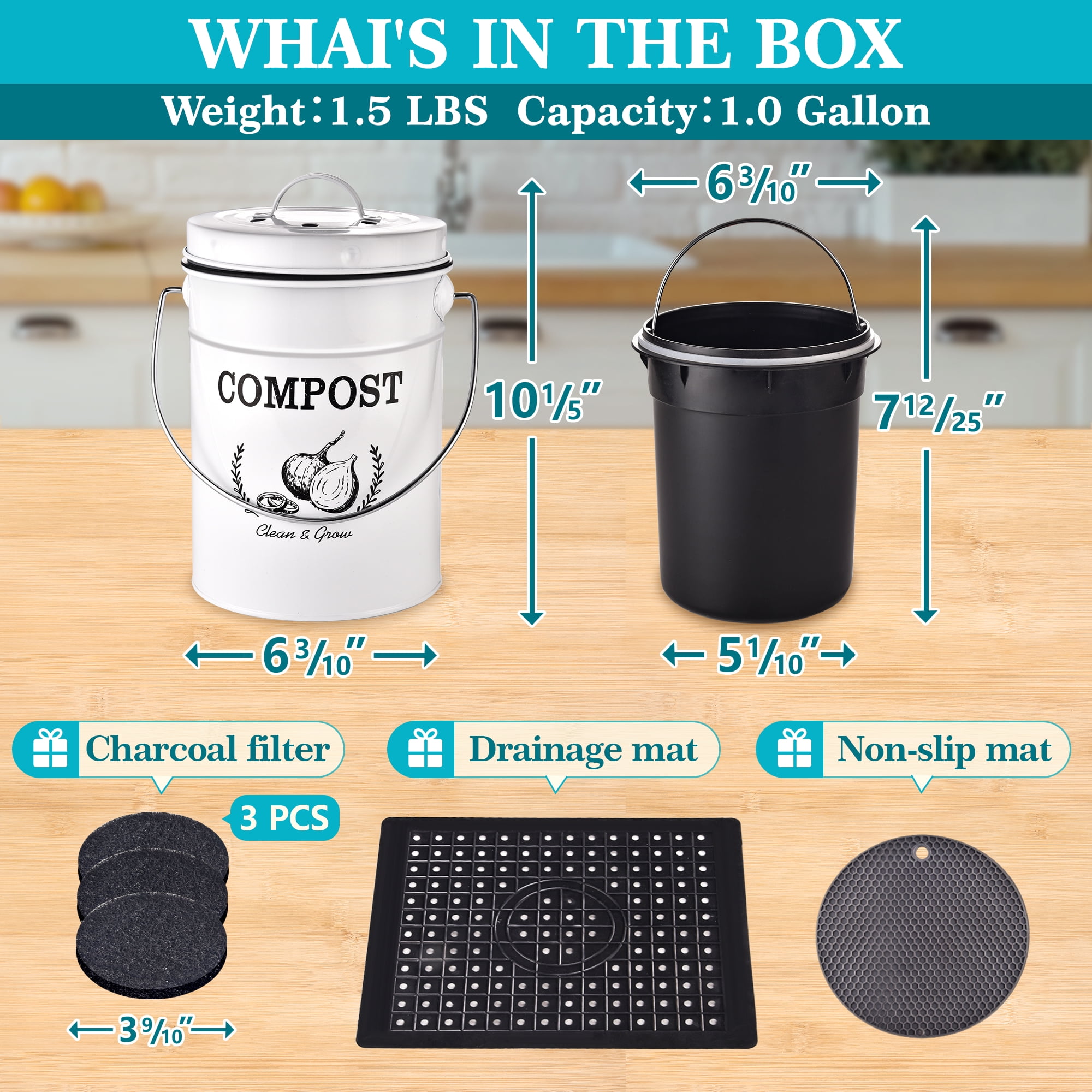 Indoor Kitchen Compost Bin with Lid, 1 Gallon