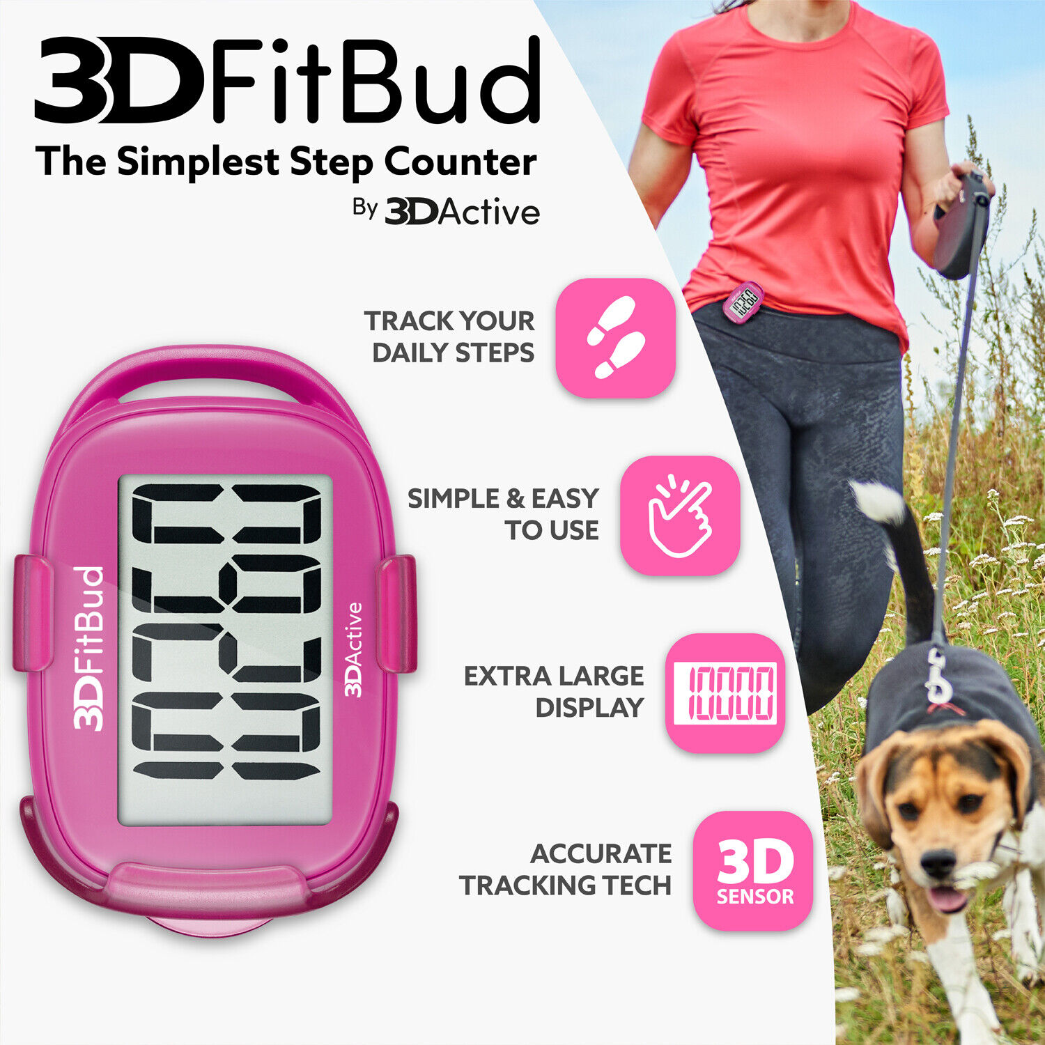 3DFitBud 3D Pedometer with Clip and Lanyard