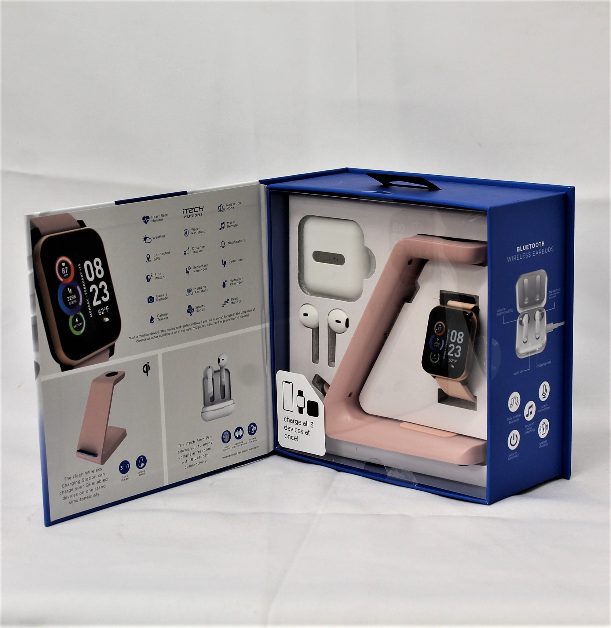 Bluetooth Smartwatch with Earbuds & Charger, Blush