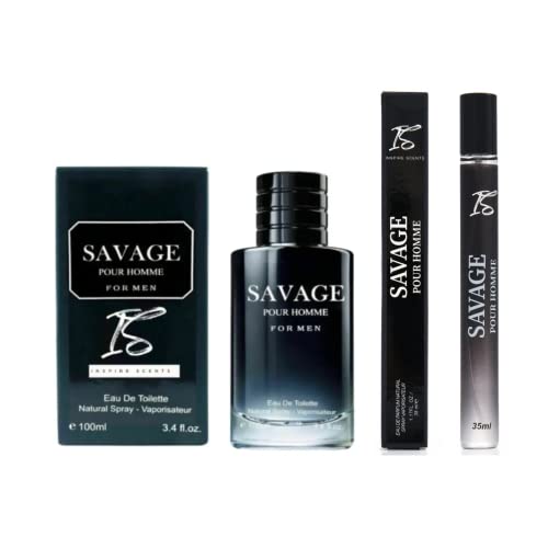 INSPIRE SCENTS IS Savage for Men - 3.4 Fl Oz Cologne for Men Masculine Scent + Travel Spray (Savage or Salvang) 35ml or Oil Roll 12ml for Daily Use Men's Cologne (Pack of 2)