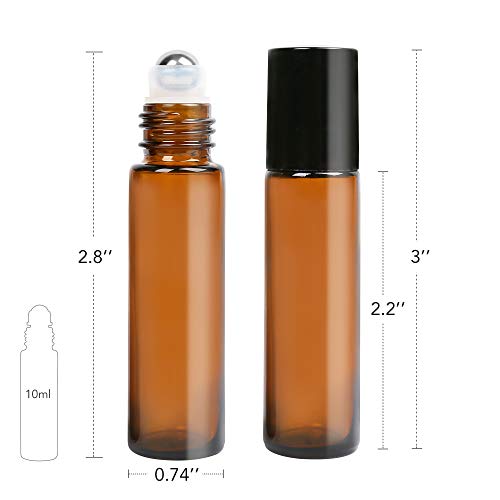 LotFancy Essential Oil Roller Bottles, 6pc 10ml Amber Glass Bottle with Stainless Steel Roller Balls and Caps, Leakproof Perfume Bottles for Travel, Includes 2pc 4ml Droppers