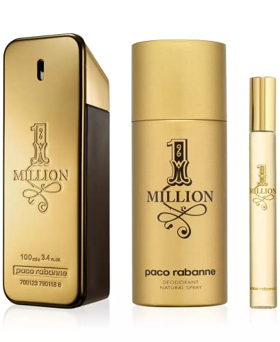 Paco Rabanne One Million 3-Piece Gift Set for Men, (3.4 Oz Eau De Toilette Spray + 5.1 Oz Deodorant Spray + 0.33 Oz Travel Spray)