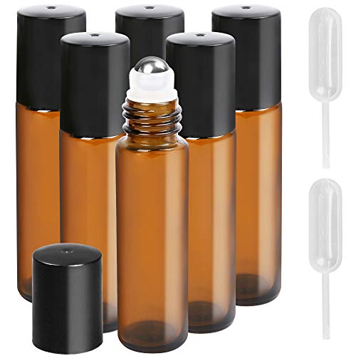 LotFancy Essential Oil Roller Bottles, 6pc 10ml Amber Glass Bottle with Stainless Steel Roller Balls and Caps, Leakproof Perfume Bottles for Travel, Includes 2pc 4ml Droppers