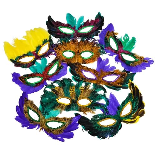 12 Pack Mardi Gras Masks with Feathers for Adults