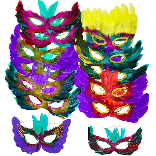 12 Pack Mardi Gras Masks with Feathers for Adults