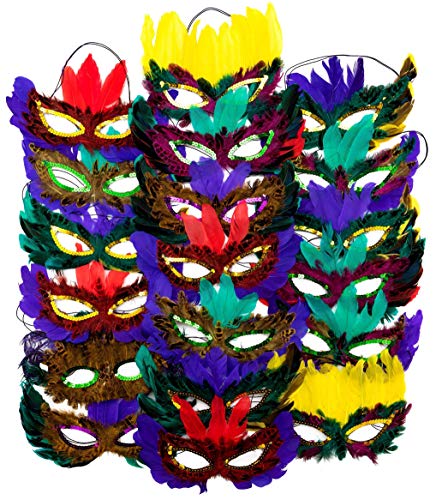 12 Pack Mardi Gras Masks with Feathers for Adults
