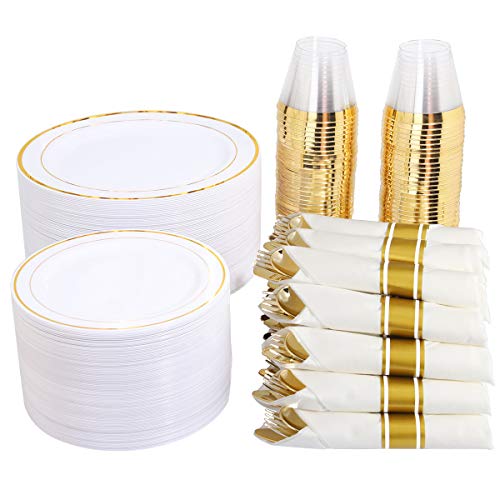 350PC Gold Plastic Party Set - Plates, Silverware, Cups