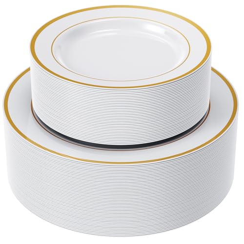 102Pcs Gold Plastic Plates with Elegant Gold Rim