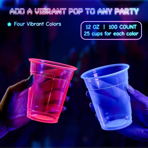 Neon Plastic Cups - 100 Pack - 12 oz