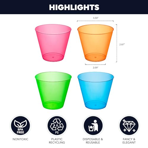 Assorted Neon Plastic Cups, 100-Count for Party Essentials