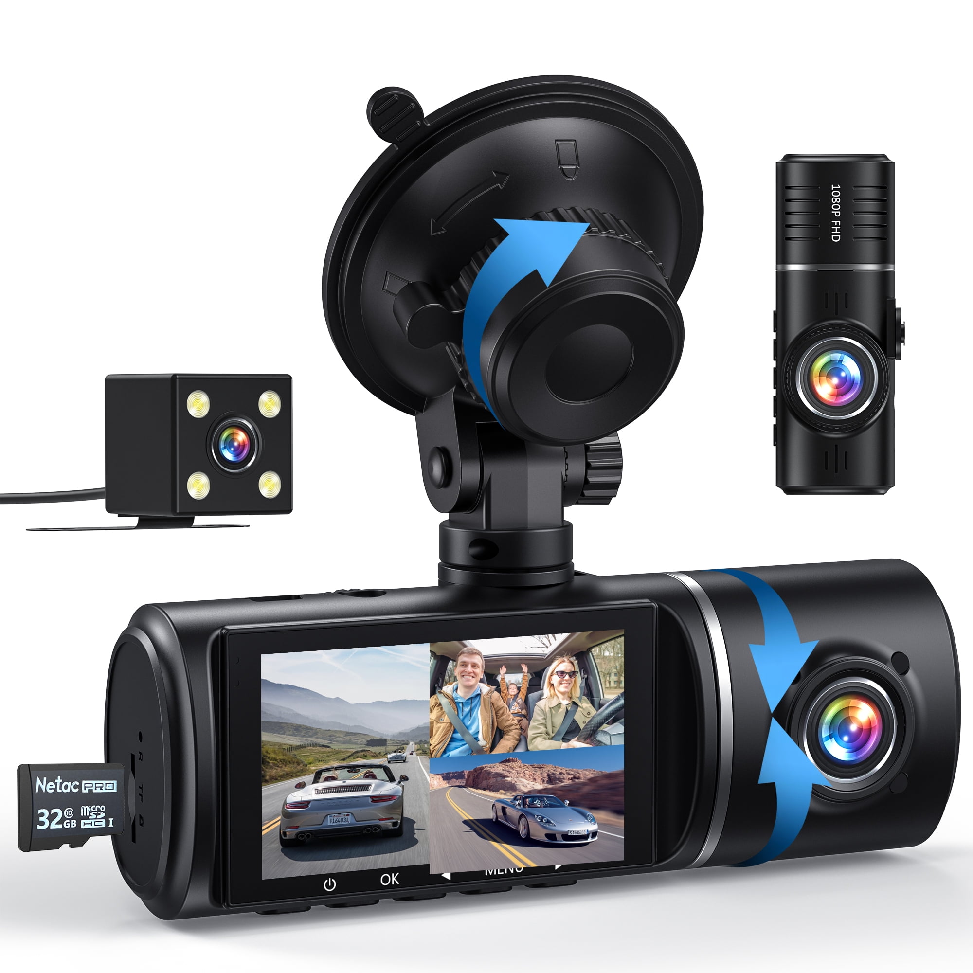 JQVV 3-Channel 1080P Dash Cam with Night Vision