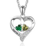 Custom Couple Heart Necklace with Birthstones in Silver