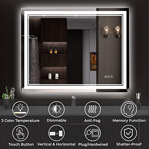 AWANDEE 30x36 Dimmable LED Bathroom Mirror