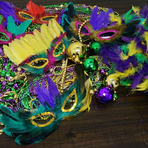 12 Pack Mardi Gras Masks with Feathers