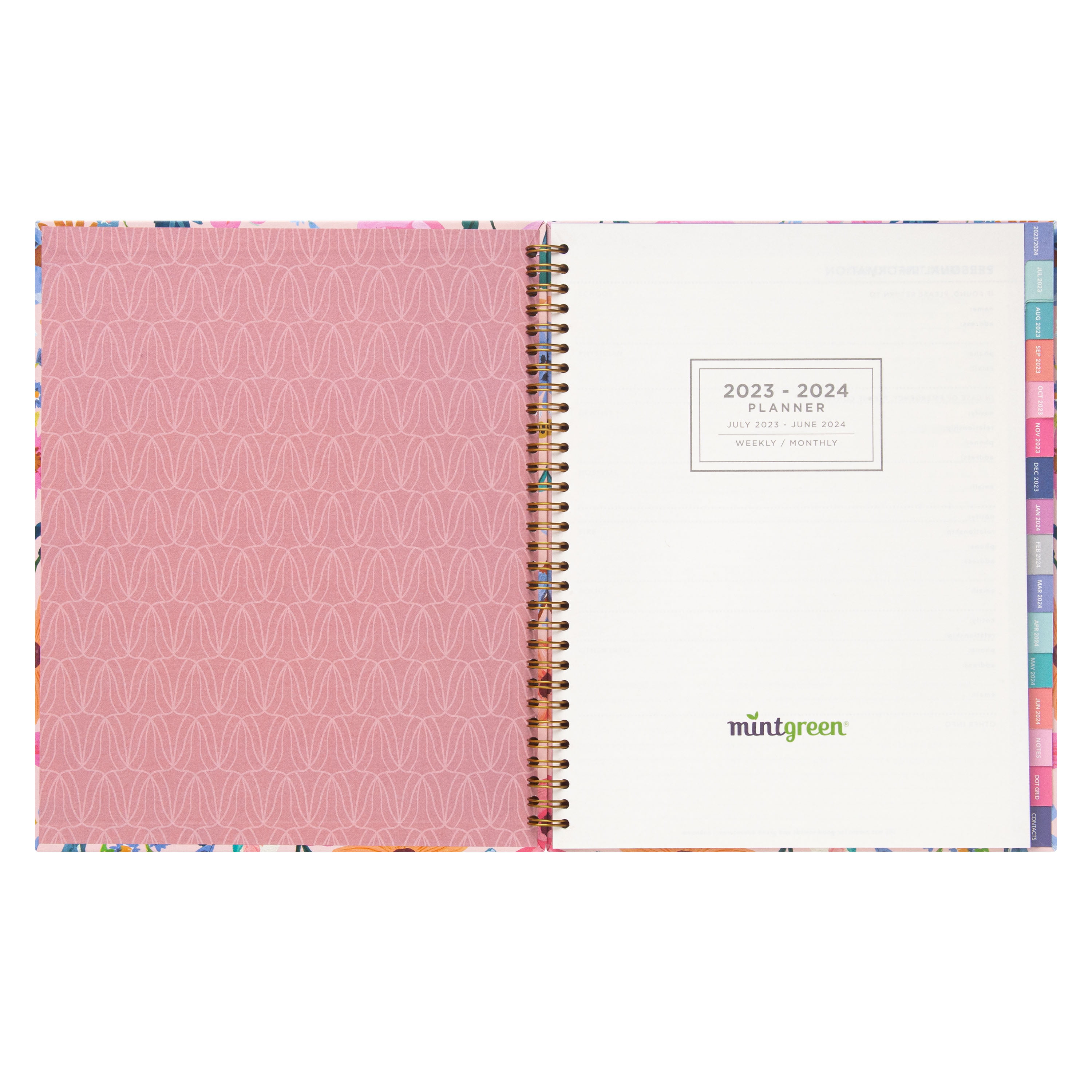 2023-2024 Mintgreen Weekly/Monthly Spiral Planner, 8.5" x10.5", Wildflower