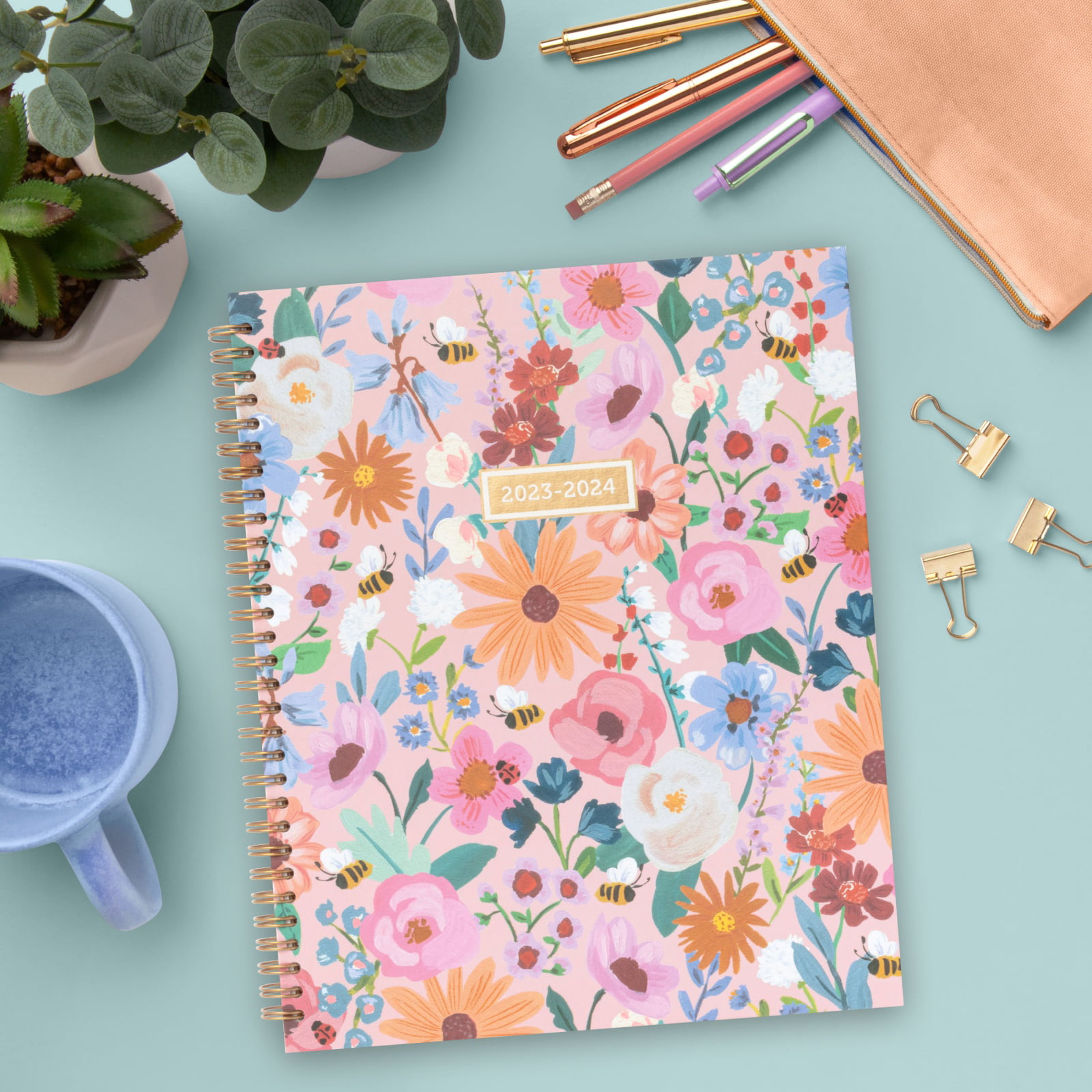 2023-2024 Mintgreen Weekly/Monthly Spiral Planner, 8.5" x10.5", Wildflower