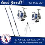 Fishing Caster  Rods x 2 Reels x2 + Stand Lineaeffe Set Rods Reels stand