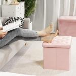 Bonlife Velvet Ottoman Storage Cube, Folding Footrest Stool Seat,Toy Chest Storage Box with Lid,Footstool for Living Room,Pink,40x40x40cm
