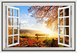 Framed Canvas Print: Autumn Park Bench Scene