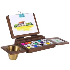 Portable Wooden Watercolor Set with 24 Wells
