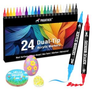 Pagather 24 Colors Acrylic Paint Markers, Dual Tip with Fine Tip and Brush Tip Pens for Stone, Wood, Calligraphy, Canvas, Ceramic, Metal, Glass, Rock Painting, DIY Crafts