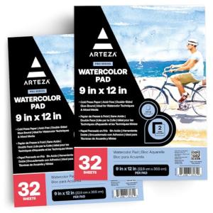 ARTEZA Watercolor Paper, Pack of 2, 32 Sheets Each, 9x12 Inches Watercolor Sketchbook, 140lb/300gsm, Cold Press, Acid Free Art Paper