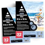 ARTEZA Watercolor Paper, Pack of 2, 32 Sheets Each, 9x12 Inches Watercolor Sketchbook, 140lb/300gsm, Cold Press, Acid Free Art Paper