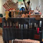 Earth & Fiber Co. Compact Waxed Canvas Paint Brush Holder - Portable Art Bag for Painting & Drawing - Art Supplies Organizer - Storage Roll Bag for Artists (blue)