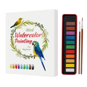 SkilLify Watercolor Workbook, Water Coloring Book, Beginner Friendly Water Painting Book, Watercolor Sketchbook Paint Book with 12-Color Paint Set & Brush for Adults and Teens(Birds)